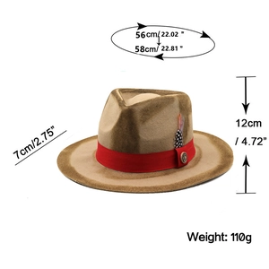 Detail view of brown wool fedora hat featuring red ribbon band and pheasant feather decoration