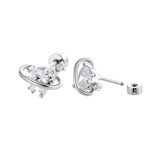 Titanium steel heart-shaped zircon ear studs with saturn ring design and screw-back closure