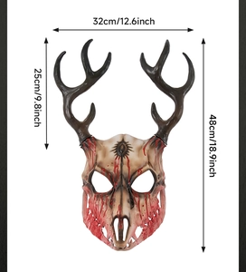 Detailed dimensions of a bloody deer skull mask for Halloween cosplay with antler measurements