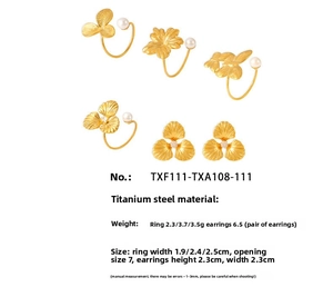 Detailed view of 18k gold plated flower jewelry set with pearls and dimensions