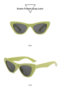 Vue de face et de profil de lunettes de soleil œil de chat monture verte et verres gris