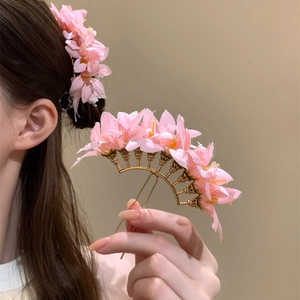 Elegant pink fabric floral hairpins for traditional Chinese style hairstyles