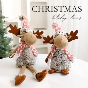 Plush Christmas reindeer dolls with red knit hats and scarves for holiday home decoration