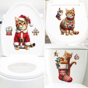 Christmas Cat Toilet Lid Stickers Removable PVC Decals Cute Festive Bathroom Wall Decor Ornament For Home Holiday