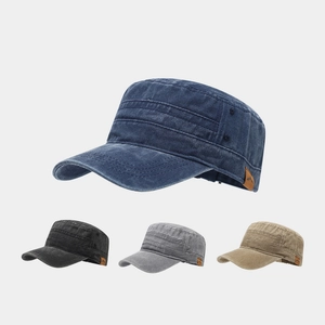 Vintage washed cotton cadet cap with peak leather patch in navy, black and grey