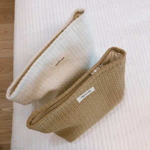 Vintage woven plaid makeup bags in cream and camel with minimalist simple wish labels