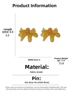 Detail view of yellow acrylic lace flower earrings showing dimensions 5.5cm by 6cm