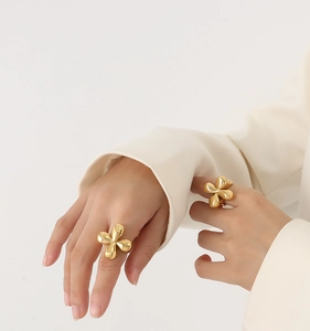 Close-up of 18K gold-plated titanium steel rings featuring petal shape design on finger