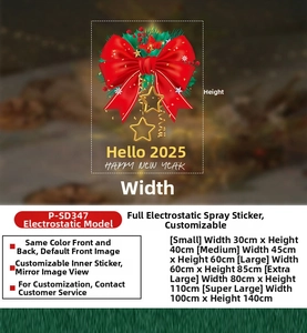 Size chart for Christmas red bow glass stickers showing various dimensions from S to XXL