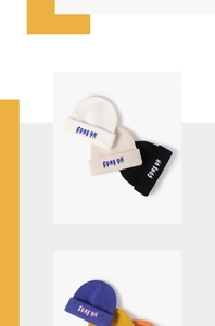 Detailed close-up showing vibrant knit beanies with Come On embroidery and soft texture