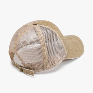 Distressed khaki trucker hat with breathable mesh and adjustable metal buckle back