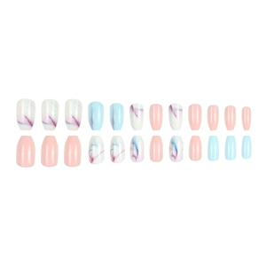 Blue and white marble ombre coffin press-on nails set with 24 pieces in various sizes