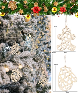 Detail of wooden hollow Christmas ornaments with sizes on snow-covered tree branch