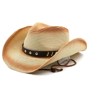 Gradient straw cowboy sun hat with studded leather band and adjustable chin strap