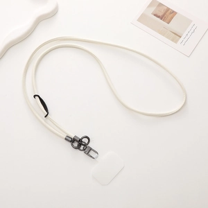 Detailed view of white PU leather phone lanyard with durable dark grey metal hooks