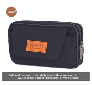 Macro detail of horizontal black canvas waist bag with zipper and Sport label