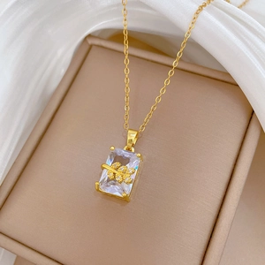 Luxurious gold titanium steel necklace with rectangular gemstone and leaf detail