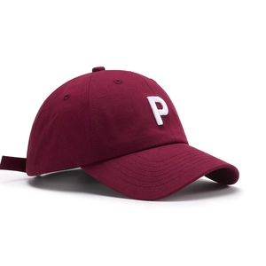 Classic burgundy baseball cap with white embroidered P letter and curved brim