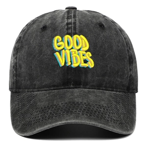 Washed dark gray denim baseball cap featuring colorful GOOD VIBES embroidery and retro finish