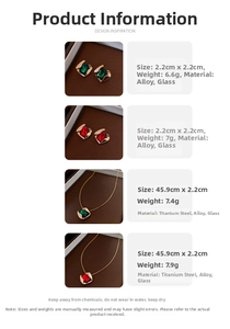 Detailed specs of titanium steel necklace and earrings set with red emerald-cut glass gems
