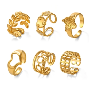 Set of 6 adjustable gold stainless steel rings featuring heart and butterfly designs