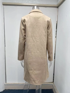Back view of a long camel wool-blend coat with lapels on a clear female mannequin