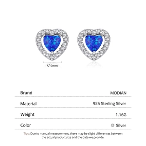 Élégantes boucles d'oreilles cœur en argent 925 avec opale bleue et diamants