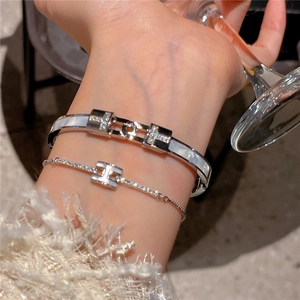 Elegant T-Shape Bangle Bracelet For Women In Stainless Steel With Zircon And White Enamel Inlay Geometric Fashion Jewelry