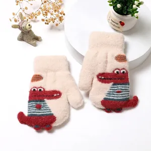 Winter warm knitted mittens for kids with cute crocodile pattern and neck string strap