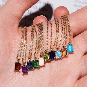 Rectangle Birthstone Pendant Necklace 18K Gold Plated Stainless Steel Colorful Zircon Clavicle Chain Retro Style Women