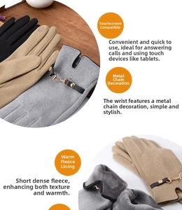 Detail view of touchscreen sensitive fingertips and warm velvet lining on winter gloves
