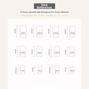 Size guide for press-on nails showing 12 precise dimensions for a perfect fit