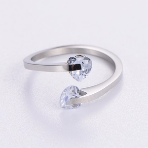 Minimalist double heart zircon open ring in silver finish with adjustable band