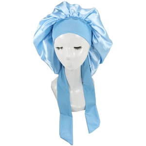 Light blue satin sleep cap with wide elastic band and tie straps on mannequin