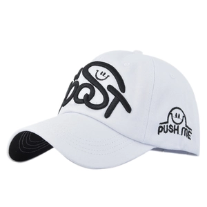 Close-up of high-quality white cotton baseball cap with black POST embroidery details