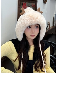 Winter plush antler hat in cream with faux fur earflaps and thick thermal lining