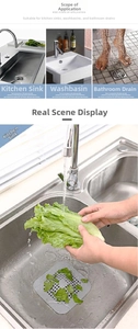 Square silicone drain cover showing multi-scene use in kitchen and bathroom sinks