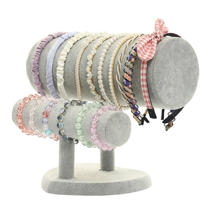 Gray velvet double-tier headband and bracelet display stand for jewelry storage