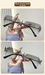 Detail of silver rimless sunglasses featuring a gradient lens and rhinestone butterfly hinge
