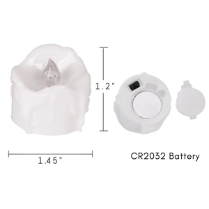 Detail of white LED tea light candle showing dimensions and CR2032 battery compartment