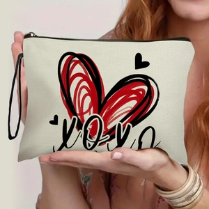 Borsa Da Trucco In Lino Con Stampa A Cuore XOXO Pochette Per Cosmetici Con Cerniera E Cinturino Da Polso Per Viaggi Regalo Di San Valentino