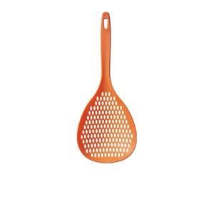 Schiumarola da cucina arancione resistente al calore con testa larga e foro per appendere