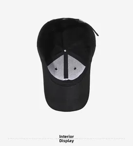 Interior view of black cotton baseball cap showing six-panel stitching and white lining