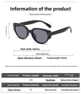Detailed size specifications for cat eye sunglasses showing dimensions and PC frame material