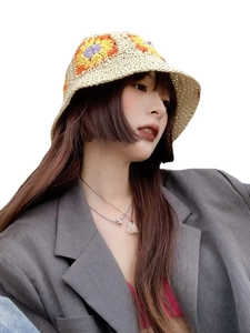 Japanese style hand-knitted floral bucket hat in beige with colorful crochet flower patterns