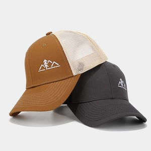 Outdoor mesh baseball cap with mountain embroidery in brown and charcoal gray colors