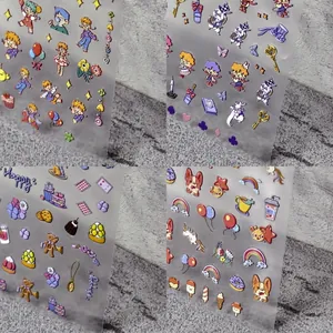 Stickers nail art 5D en relief avec personnages mignons, lapins et chiots de dessin animé