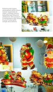 Detail of LED Christmas window suction lights featuring Santa and reindeer designs