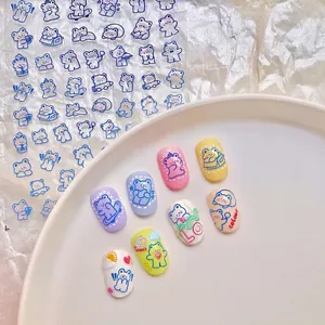 5D embossed blue bear nail stickers set with cartoon designs for creative nail art