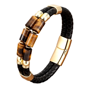 Men's double-layer black braided leather bracelet with tiger eye stone and gold clasp